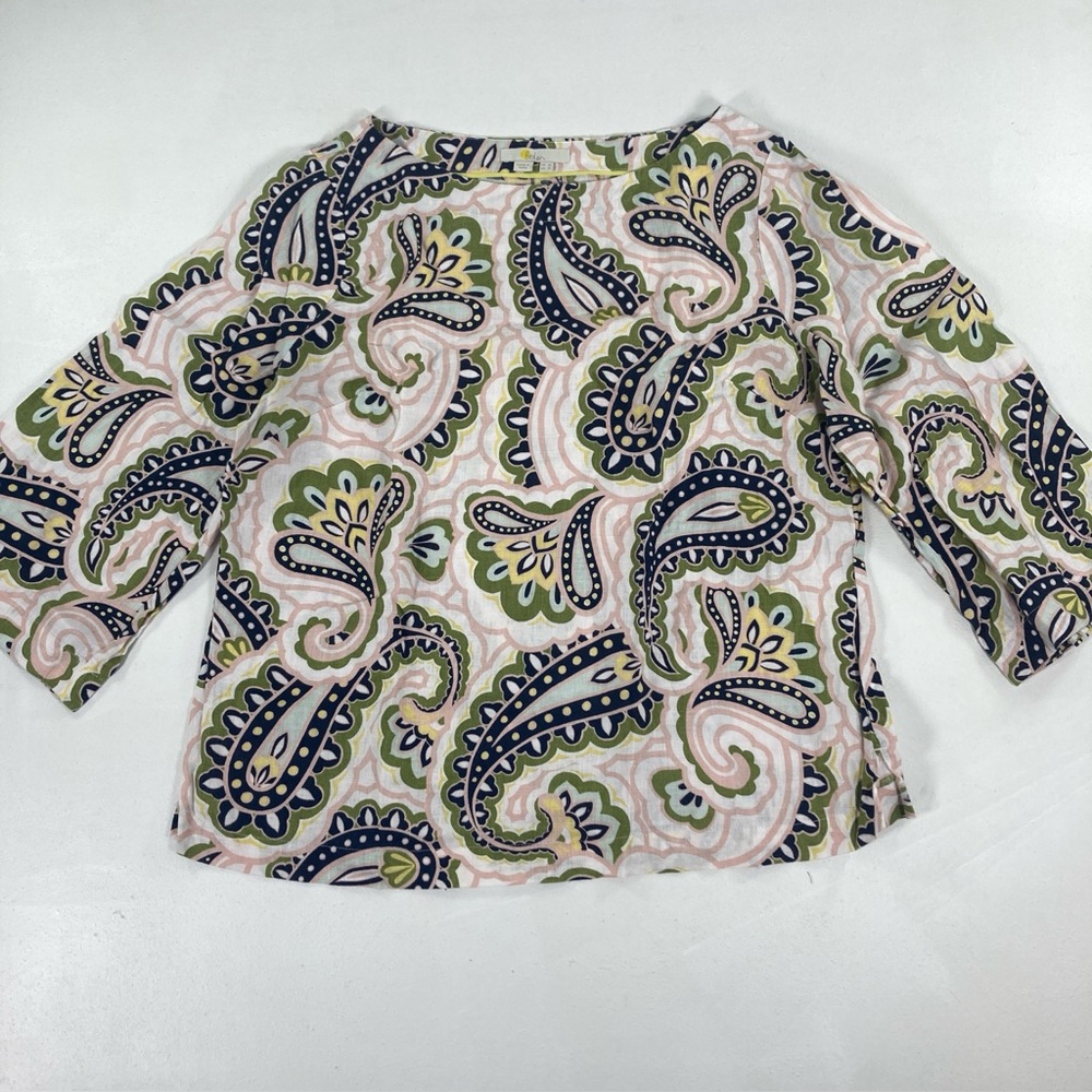 Boden Linen Paisley Print 3/4 Sleeve Boat Neck Blouse Womens Size US 12 Bohemian